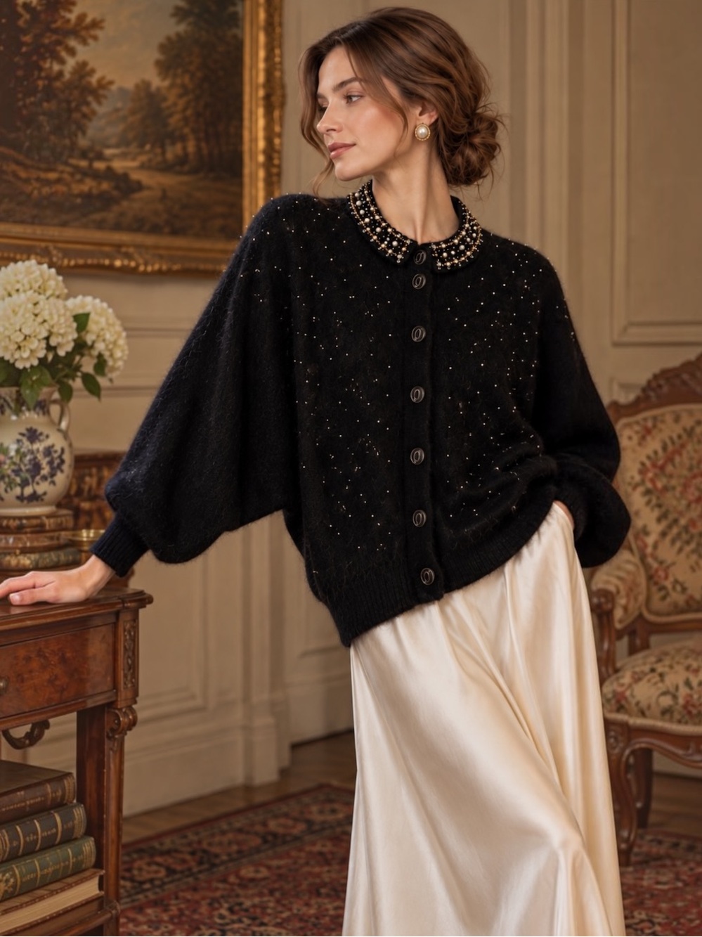 RARE Vintage 1990s Angora Beaded Cardigan XL | Black Embellished Sweater